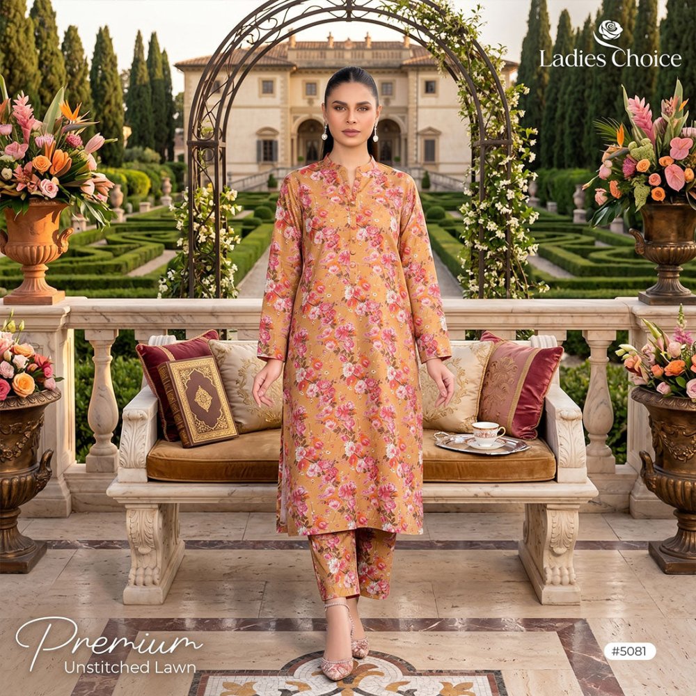 2 pcs Lawn All Over Unstitched Suit LC - 5081 - Ladies Choice