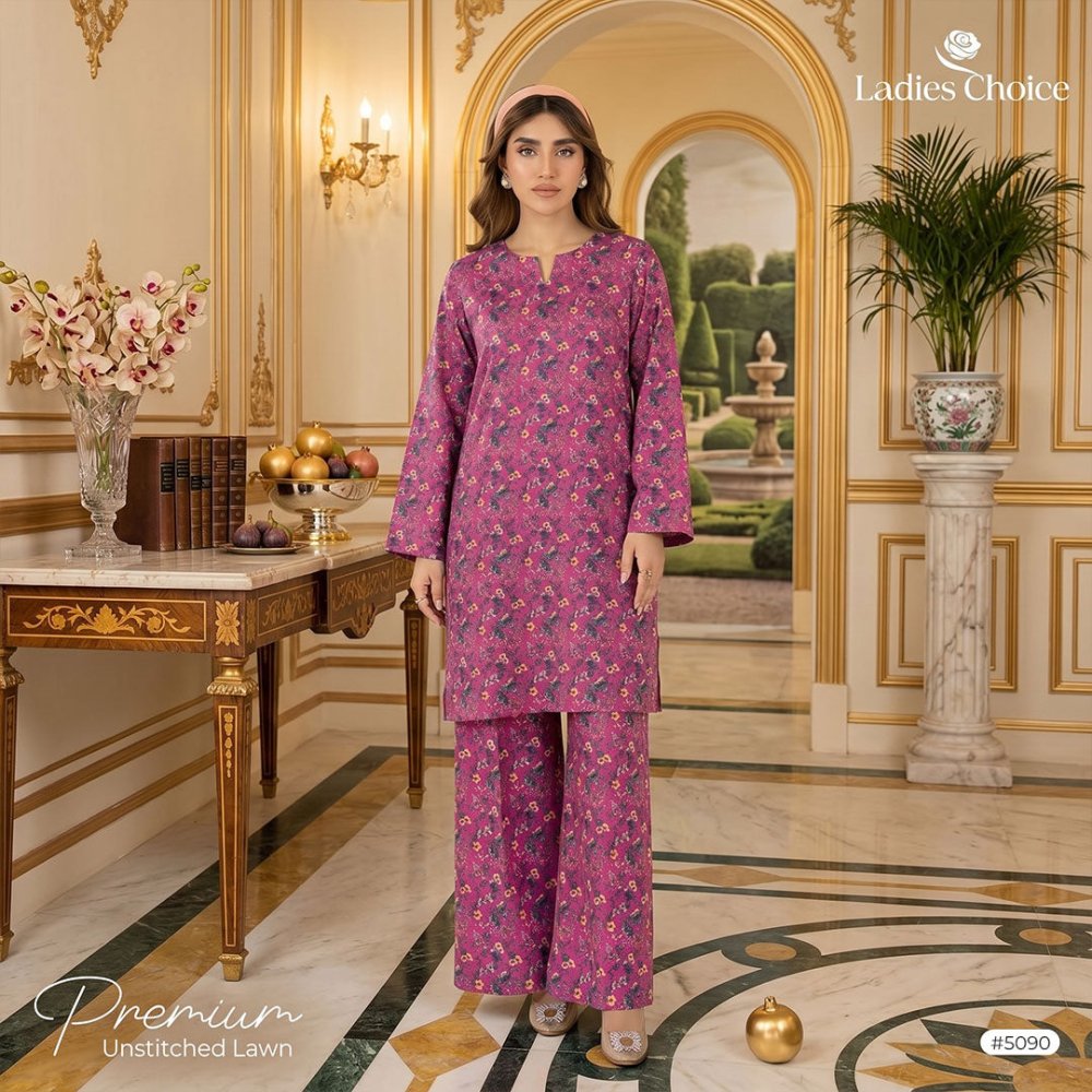 2 pcs Lawn All Over Unstitched Suit LC - 5090 - Ladies Choice