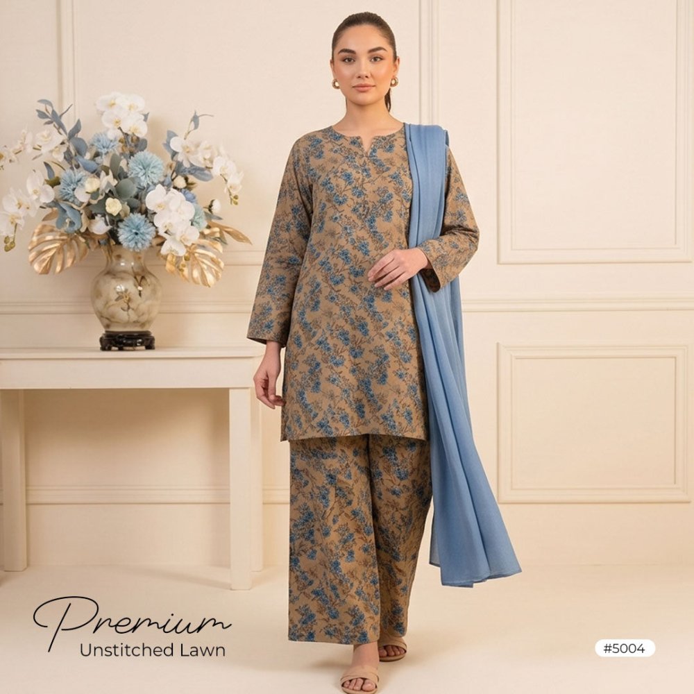 3pcs Premium Lawn Unstitched D-5004 - Ladies Choice