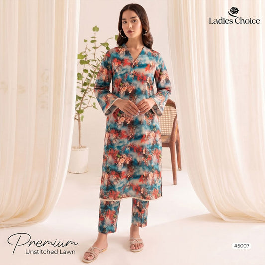 2 pcs Lawn All Over Unstitched Suit LC - 5007 - Ladies Choice