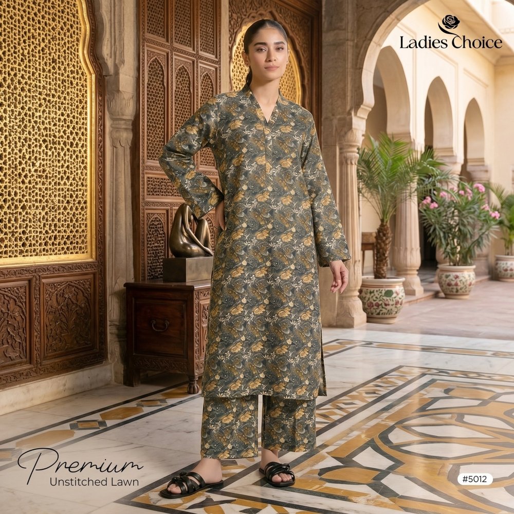 2 pcs Lawn All Over Unstitched Suit LC - 5012 - Ladies Choice