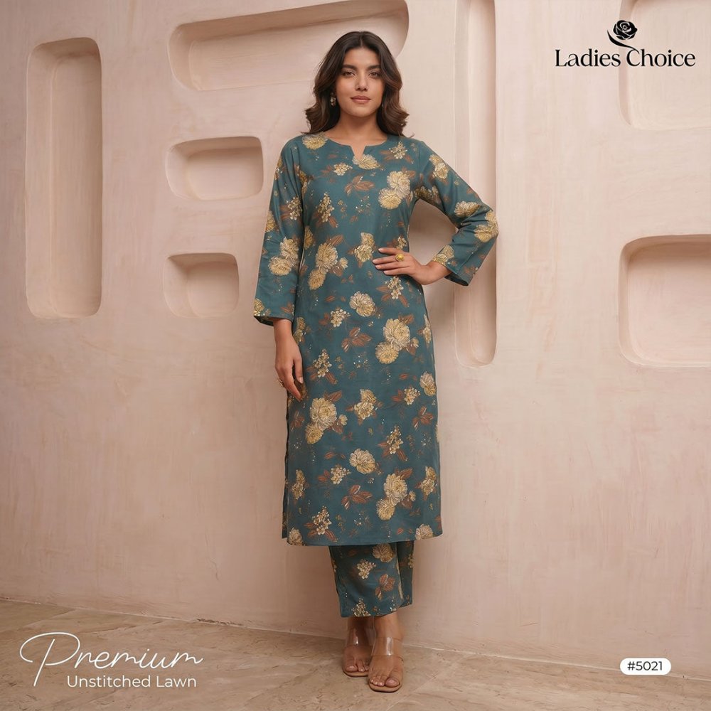 2 pcs Lawn All Over Unstitched Suit LC - 5021 - Ladies Choice