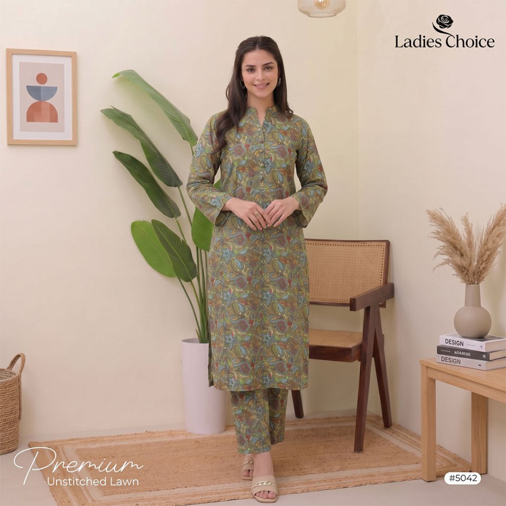 2 pcs Lawn All Over Unstitched Suit LC - 5042 - Ladies Choice