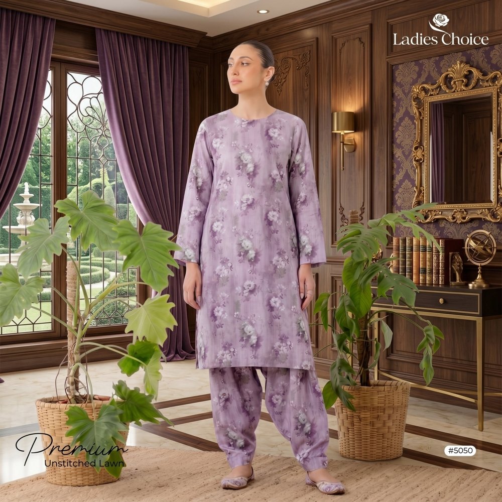 2 pcs Lawn All Over Unstitched Suit LC - 5050 - Ladies Choice
