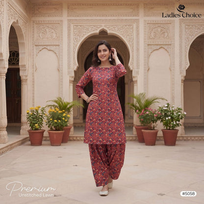 2 pcs Lawn All Over Unstitched Suit LC - 5058 - Ladies Choice