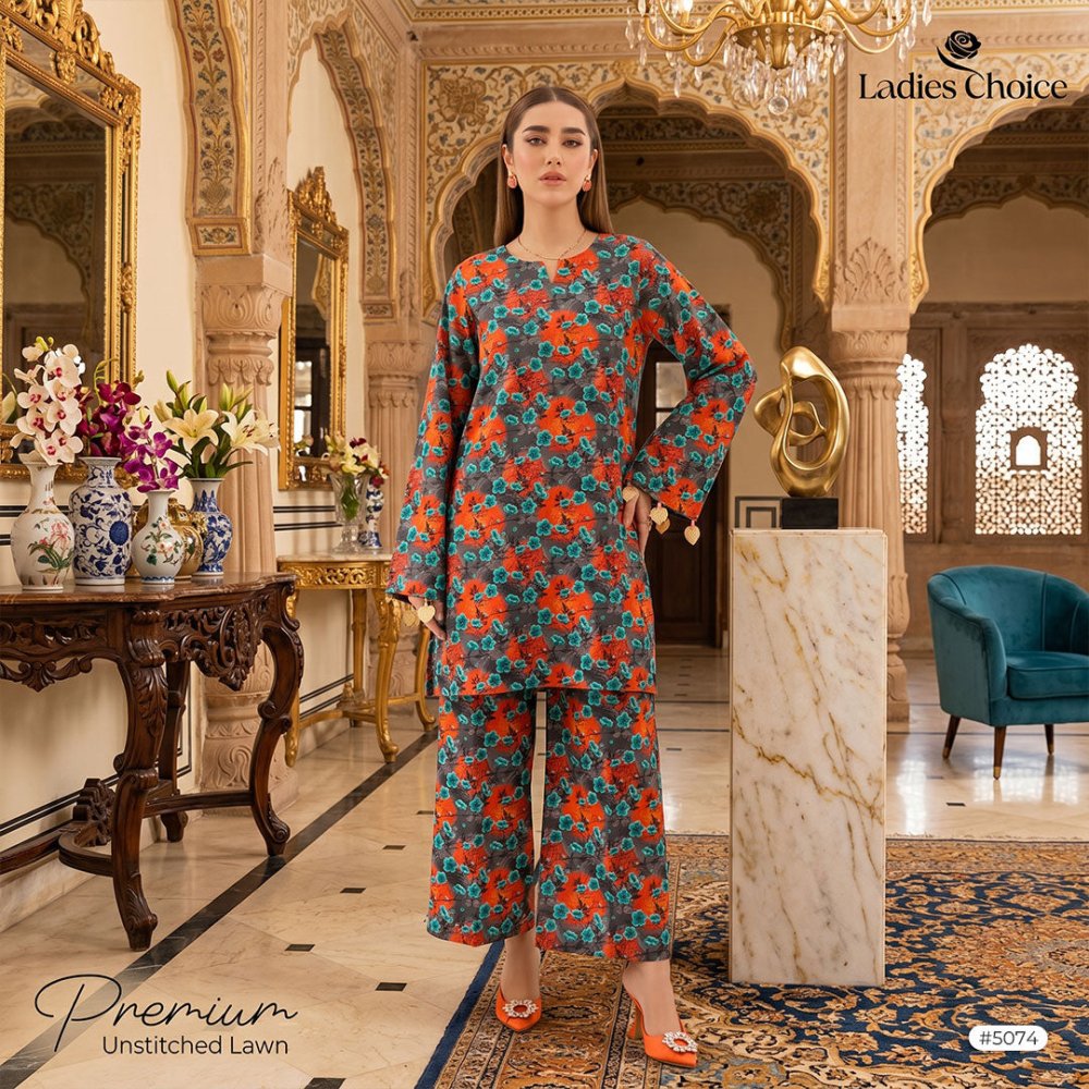 2 pcs Lawn All Over Unstitched Suit LC - 5074 - Ladies Choice