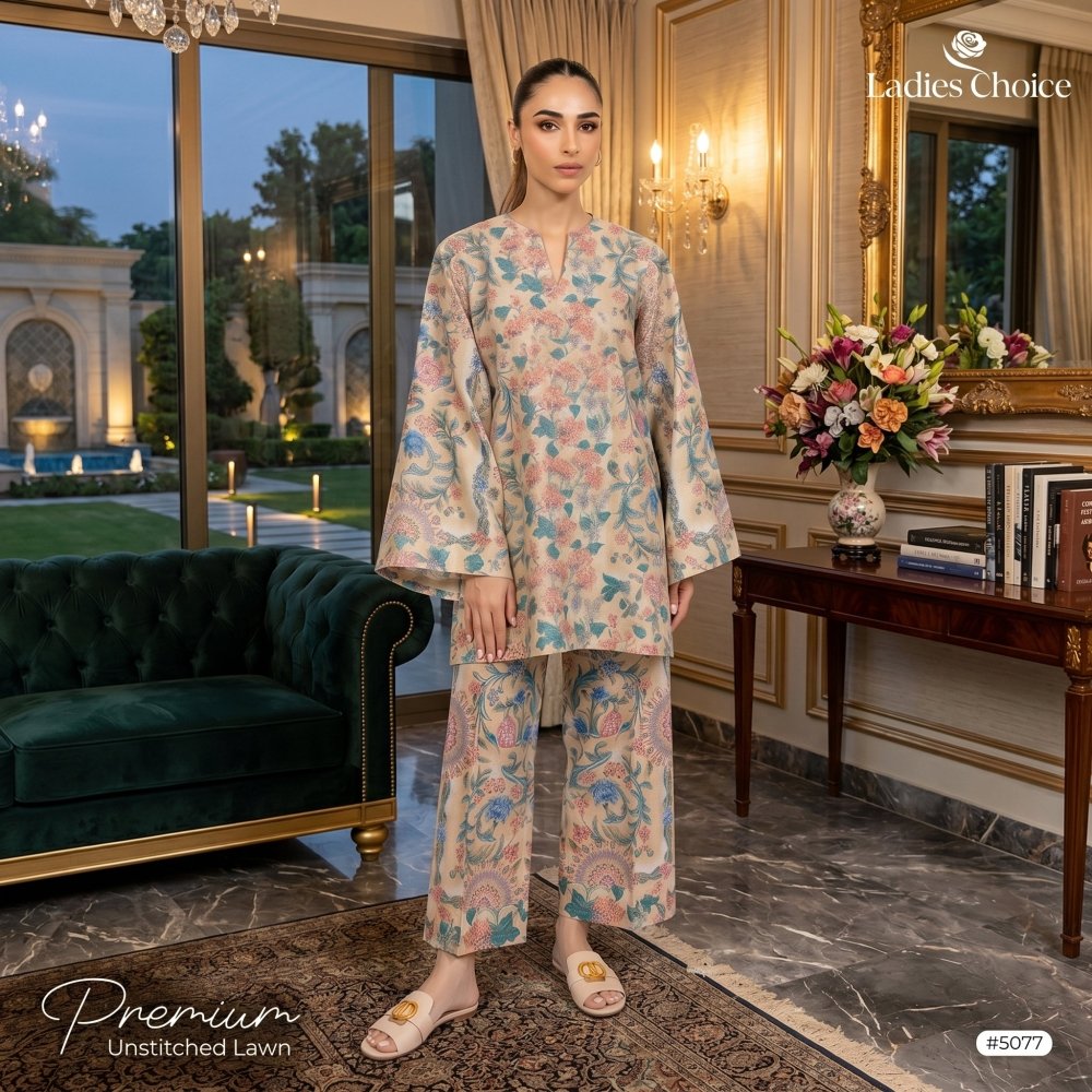 2 pcs Lawn All Over Unstitched Suit LC - 5077 - Ladies Choice