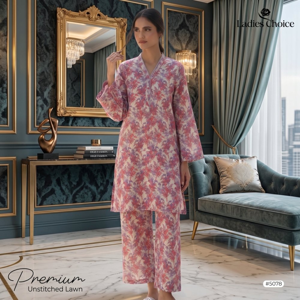 2 pcs Lawn All Over Unstitched Suit LC - 5078 - Ladies Choice