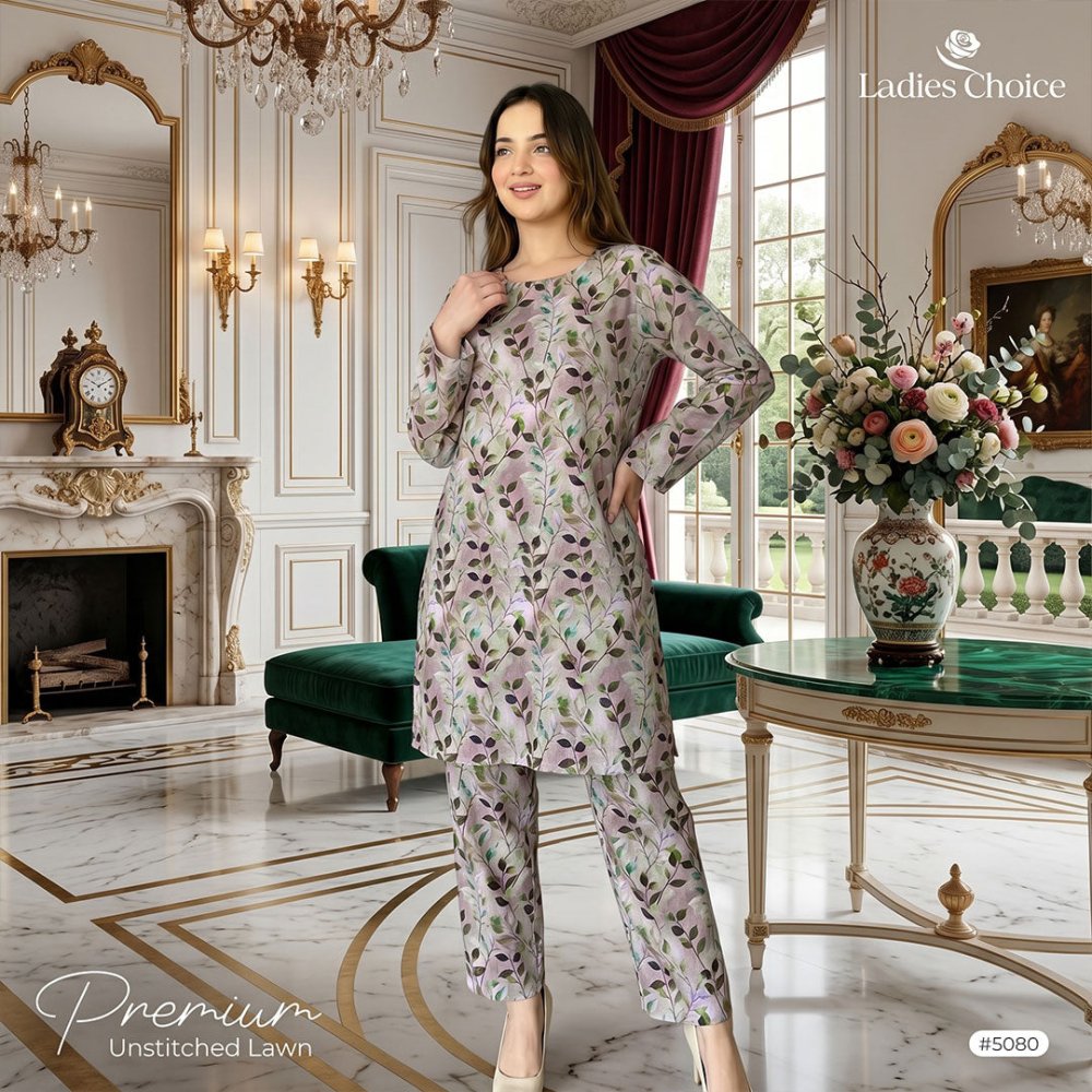 2 pcs Lawn All Over Unstitched Suit LC - 5080 - Ladies Choice