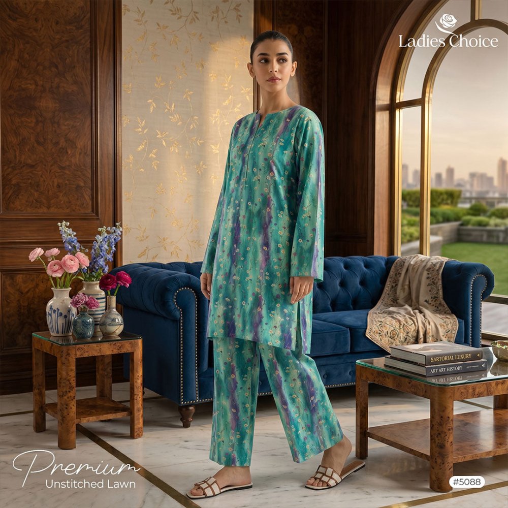 2 pcs Lawn All Over Unstitched Suit LC - 5088 - Ladies Choice
