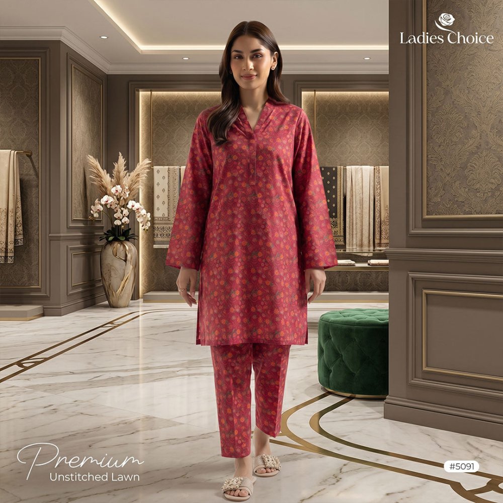 2 pcs Lawn All Over Unstitched Suit LC - 5091 - Ladies Choice