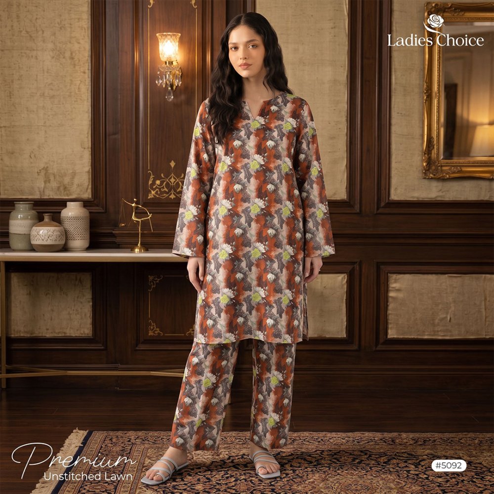 2 pcs Lawn All Over Unstitched Suit LC - 5092 - Ladies Choice