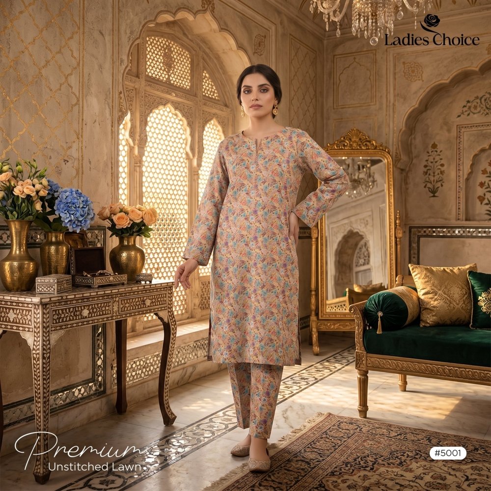 2 pcs Lawn All Over Unstitched Suit LC - 5100 - Ladies Choice