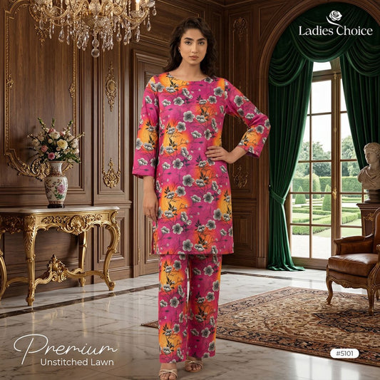 2 pcs Lawn All Over Unstitched Suit LC - 5101 - Ladies Choice
