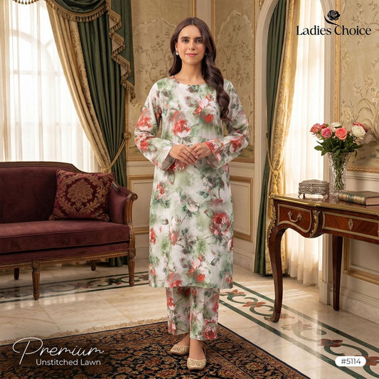 2 pcs Lawn All Over Unstitched Suit LC - 5114 - Ladies Choice