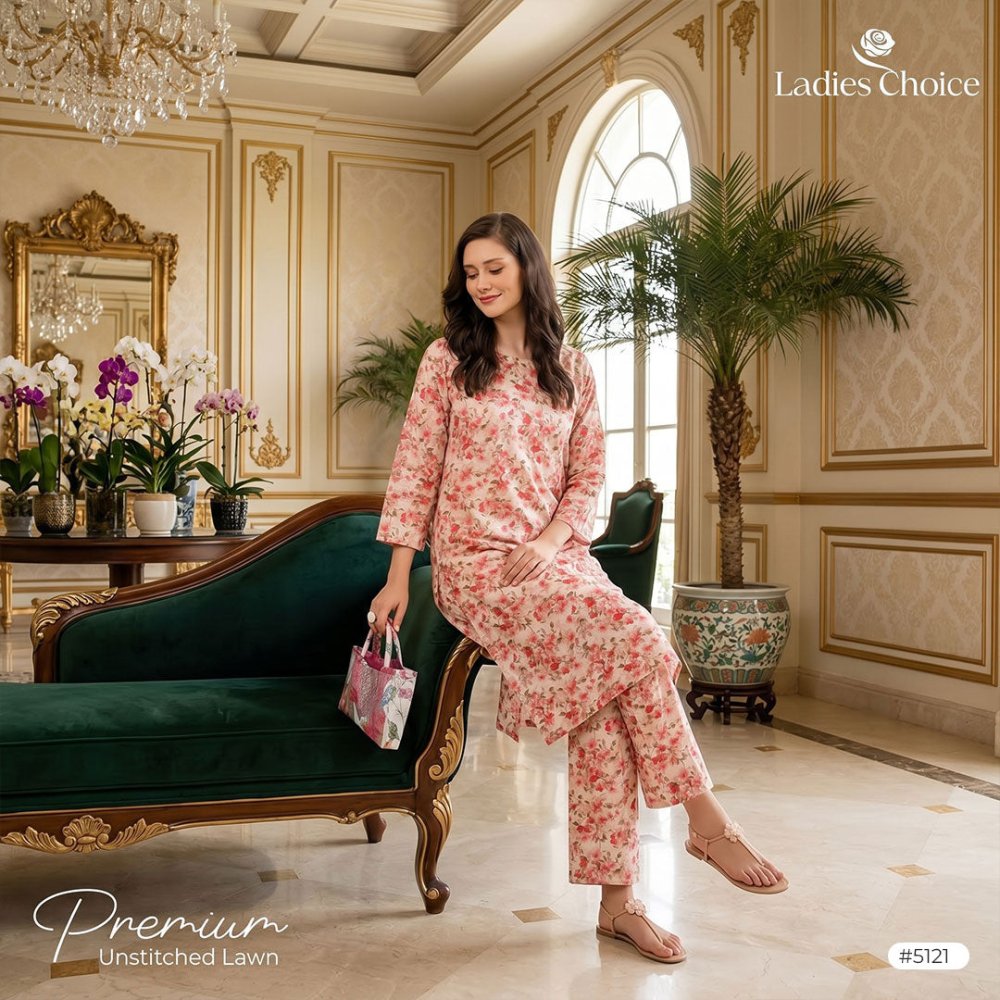 2 pcs Lawn All Over Unstitched Suit LC - 5121 - Ladies Choice