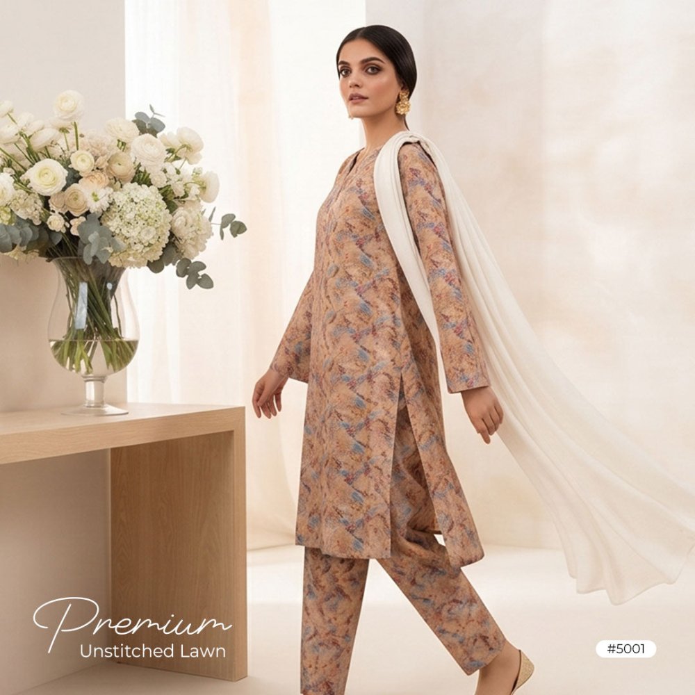 3pcs Premium Lawn Unstitched D-5001 - Ladies Choice