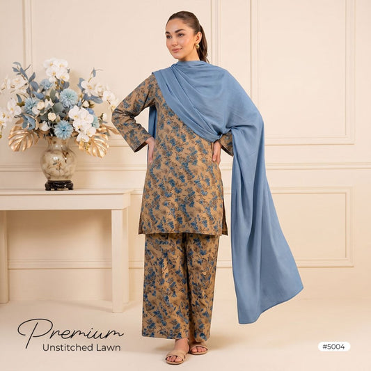3pcs Premium Lawn Unstitched D-5004 - Ladies Choice
