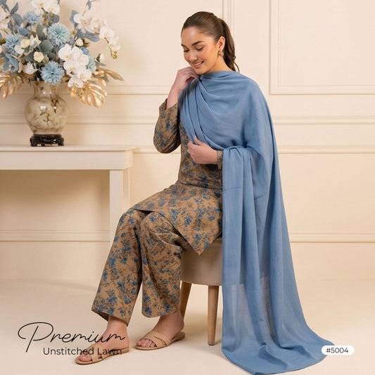3pcs Premium Lawn Unstitched D-5004 - Ladies Choice