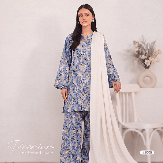 3pcs Premium Lawn Unstitched D-5005 - Ladies Choice