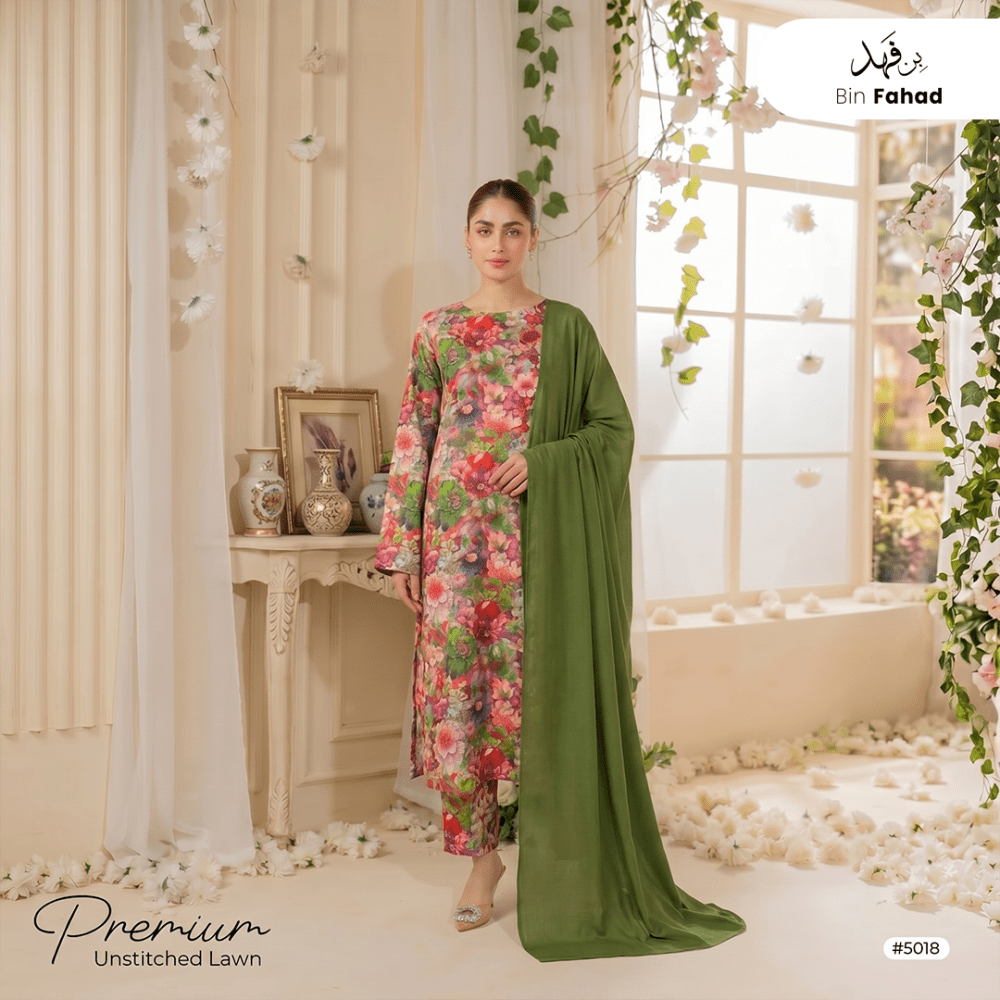 3pcs Premium Lawn Unstitched D-5018 - Ladies Choice