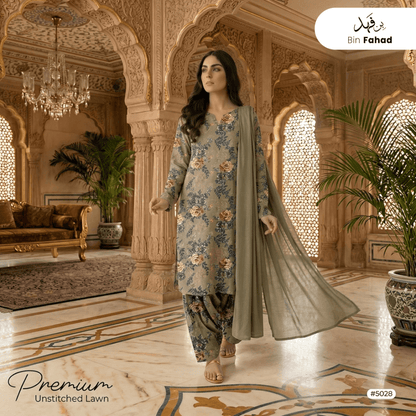 3pcs Premium Lawn Unstitched D-5028 - Ladies Choice