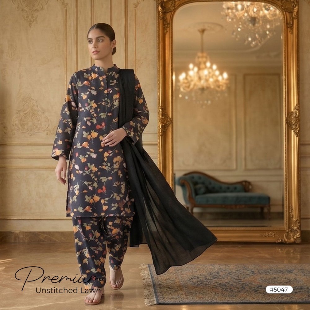 3pcs Premium Lawn Unstitched D-5047 - Ladies Choice