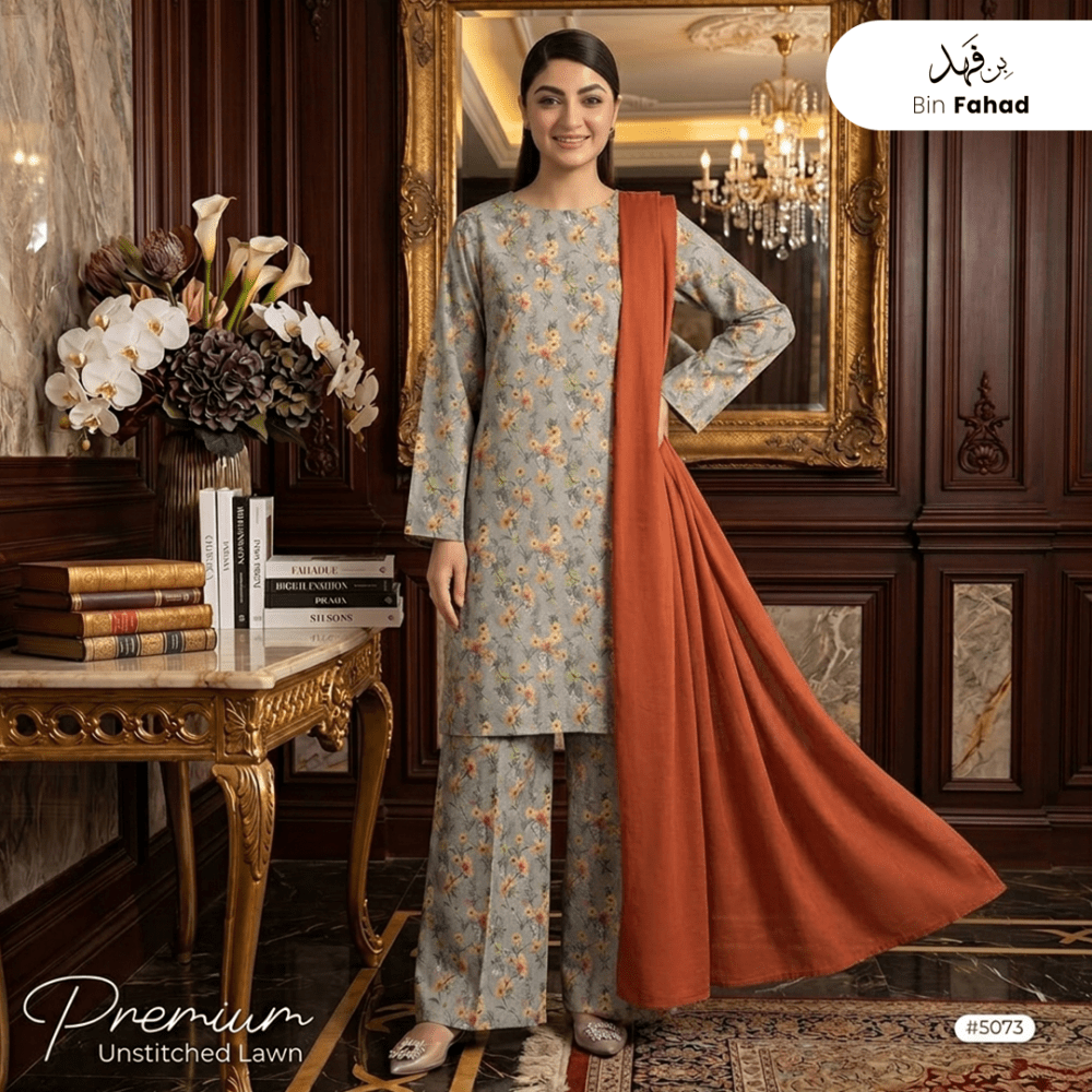 3pcs Premium Lawn Unstitched D-5073 - Ladies Choice