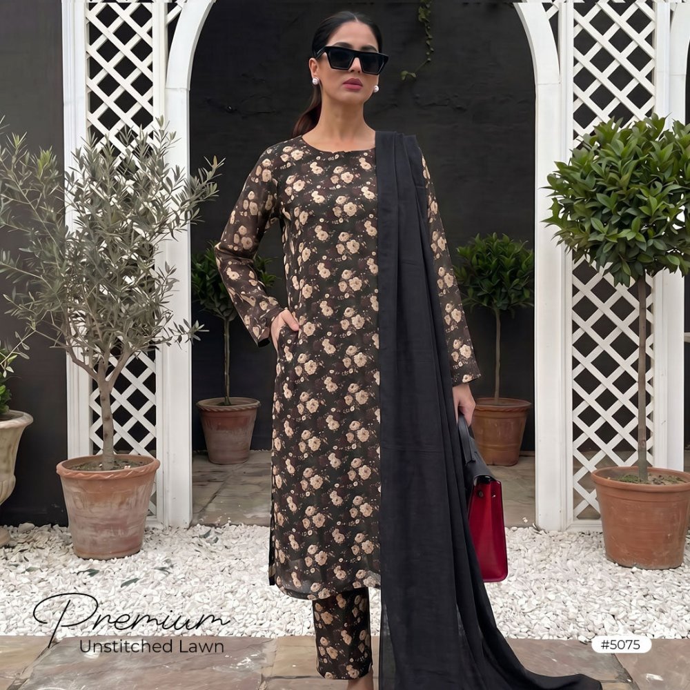 3pcs Premium Lawn Unstitched D-5075 - Ladies Choice