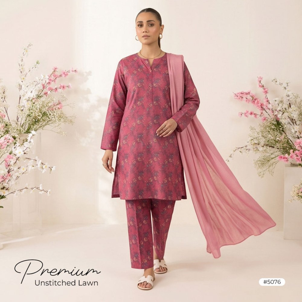 3pcs Premium Lawn Unstitched D-5076 - Ladies Choice