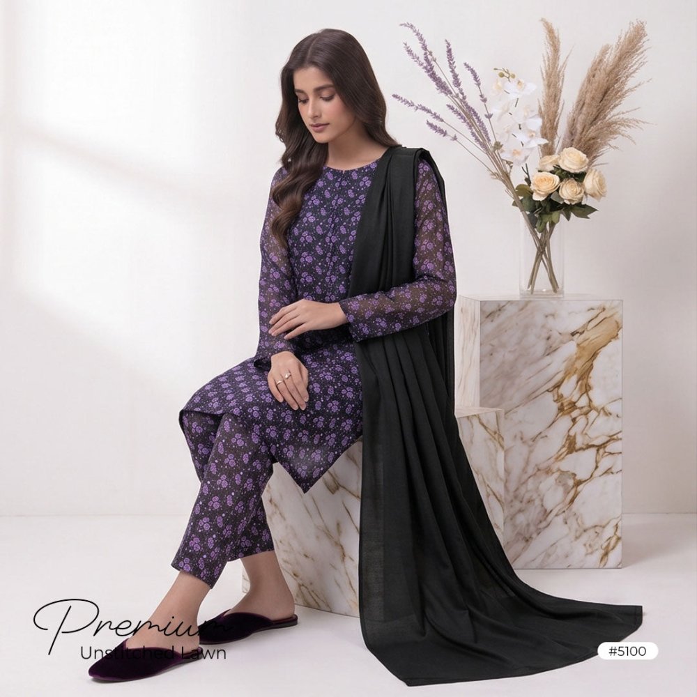 3pcs Premium Lawn Unstitched D-5100 - Ladies Choice